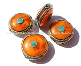 2 beads - Tibetan Round Amber Color Resin Beads with Brass Ring, Turquoise & Coral Inlays - 30mm x 30mm - Ethnic Beads - B1965-2