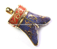 Tibetan Double-Horn Tusk Amulet Pendant with Brass, Lapis & Coral Inlays - Boho Tribal Ethnic Tibetan Double Horn Amulet - WM4229