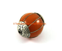 BIG Tibetan Amber Resin Bead with Tibetan Silver Wire & Repousse Carved Floral Caps - 29mm x 35mm Ethnic Amber Color Resin Beads - B3302