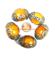 2 BEADS LARGE Tibetan Amber Copal Resin BeadS with Tibetan Silver Caps & Vajra Details - Handcrafted Tibetan Beads - B695-2