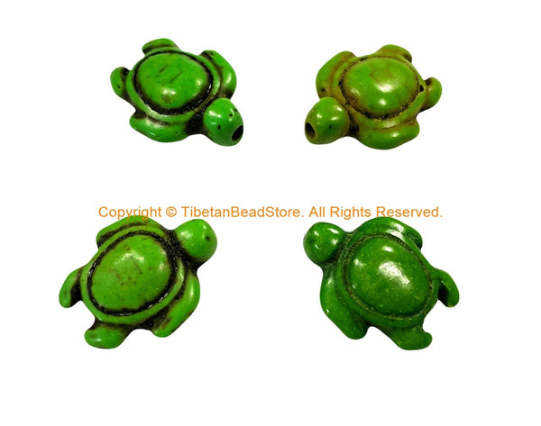 4 BEADS - Light Green Howlite Carved Turtle Charm Beads - Swimming Turtle Beads - Charms, Beads, Findings - Small Turtle Beads - B2742LG-4