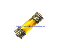 1 BEAD Tibetan Amber Resin Bead with Antiqued Repousse Tibetan Silver Caps - Ethnic Nepal Tibetan Tribal Amber Barrel Beads - B3511-1