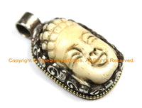 OOAK Tibetan Ethnic Tribal Carved Bone Buddha Pendant with Repousse Lotus Details - Hand Carved Bone Pendant by TibetanBeadStore - WM6411