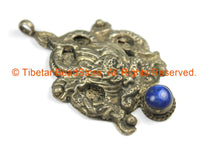 Ethnic Tribal Antique Look Repousse Tibetan Dragon Pendant with Lapis Inlay - TibetanBeadStore - Handmade - Unisex Jewelry - WM7223