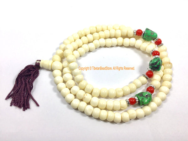 Ethnic Tibetan White Bone Mala Prayer Beads - Buddhist Tibetan Rosary Prayer Beads Meditation Supplies - Tribal Bone Mala from Nepal - PB208