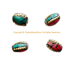4 BEADS - Handmade Ethnic Nepal Tibetan Beads with Brass, Turquoise, Coral Inlays - B3529-4