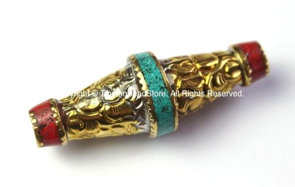 Repousse Brass Floral Bicone Tibetan Bead with Turquoise & Coral Inlay - 1 BEAD - Unique Ethnic Handmade Focal Tibetan Beads - B2428-1