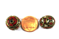 2 BEADS Tibetan Floral Beads with White Howlite & Coral Inlays - Thick Roundelle Rondelle Beads - Ethnic Nepal Tibetan Beads - B3333-2