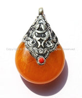 Reversible Tibetan Amber Resin Amulet Pendant with Tibetan Silver Caps, Repousse Auspicious Conch & Double Fish Details - WM2833-1