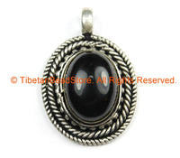 Nepal Tibetan Pendant with Black Onyx Gemstone Inlay - Handmade Nepal Tibetan Ethnic Jewelry - TibetanBeadStore - WM7245