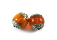 2 BEADS - Tibetan Honey Amber Color Resin Beads with Repousse Tibetan Silver Caps- TibetanBeadStore Ethnic Nepal Tibetan Beads- B3316-2