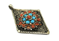 Ethnic Filigree Diamond Kite-shape Nepal Tibetan Pendant with Turquoise Coral Inlays - Ethnic Handmade Jewelry Filigree Pendant - WM7705