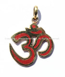 2 PENDANTS - Tibetan Sanskrit OM Pendants with Brass & Coral Inlays - Om Aum Ohm - Handmade Tibetan Om Yoga Jewelry - WM1172-2