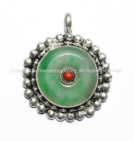 Tibetan Green Jade Pendant with Coral Accent - Ethnic Jewelry Handmade Tibetan Jewelry - WM2257