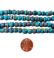108 BEADS 8mm Tibetan Turquoise Color Bone Mala Prayer Beads with Turquoise, Coral & Metal Inlays - Tibetan Green Bone Mala Beads - PB148T