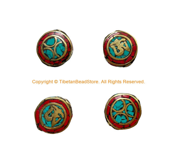 4 BEADS - Handmade Tibetan Disc Shaped Reversible Om Mantra Beads with Brass, Turquoise, Coral Inlays - B3526-4