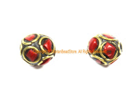 2 BEADS Tibetan Ethnic Beads Coral, Brass Inlay Beads - Red Beads 9mm x 10mm Tibetan Beads - Handmade Inlay Beads - B3509-2