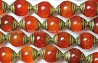 4 BEADS - Tibetan Carnelian Beads with Brass Caps - Ethnic Handmade Tibetan Beads - B1409-4