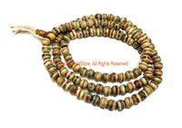 10mm Tibetan Antiqued Bone Mala Prayer Beads with Brass, Turquoise & Coral Inlays - Tibetan Mala Prayer Beads - PB91