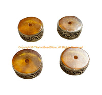 4 BEADS - Tibetan Amber Color Resin Beads with Repousse Tibetan Silver Rings - Ethnic Nepal Tibetan Tribal Beads - B1030B-4