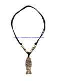 Handmade Fish Design Carved Bone Pendant Necklace on Adjustable Cord with Bead Accents - Ethnic Tribal Necklace Boho Yoga Jewelry - HC166iA