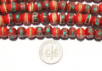 10 BEADS 8mm Red Bone Inlaid Tibetan Beads with Turquoise & Coral Inlays - LPB13S-10