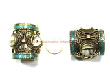 1 BEAD - LARGE Barrel Shape Tube Tibetan Brass Bead with Turquoise and Mother of Pearl Shell Inlays - Ethnic Tibetan Focal Bead- B3351-1