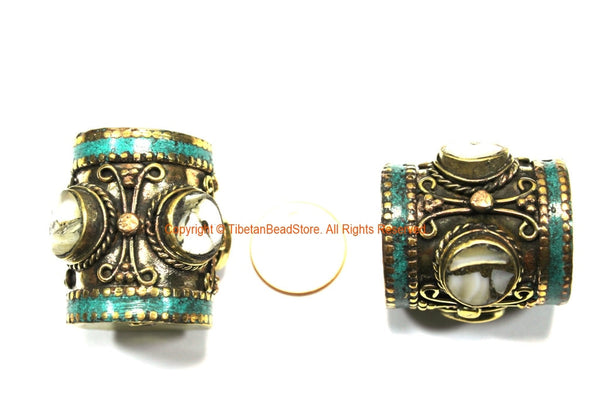 2 BEADS - LARGE Barrel Shape Tube Tibetan Brass Beads with Turquoise and Mother of Pearl Shell Inlays - Ethnic Tibetan Focal Beads- B3351-2