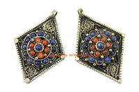 Ethnic Filigree Diamond Kite-shape Nepal Tibetan Pendant with Lapis, Coral Bead Inlays - Ethnic Handmade Jewelry - WM7710