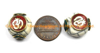 2 BEADS Tibetan White Crackle Resin Beads with Brass OM Mantra, Turquoise & Red Coral Inlays - Tibetan Beads Nepal Beads- B2986-2