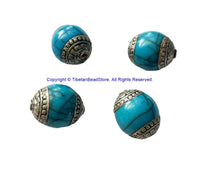 4 BEADS - BIG Tibetan Blue Crackle Resin Beads With Tibetan Silver Caps - Tibetan Beads - Ethnic Beads - B698B-4