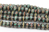 10 BEADS Tibetan Beads- 6mm-7mm Dark Bone Beads with Metal Wire, Turquoise, Coral Inlays- Inlaid Bone Beads Tibetan Beads- LPB10XS-10