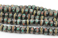 20 Beads Tibetan Beads- 6mm-7mm Dark Bone Beads with Metal Wire, Turquoise, Coral Inlays- Inlaid Bone Beads Tibetan Beads- LPB10XS-20