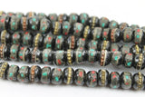 20 Beads Tibetan Beads- 6mm-7mm Dark Bone Beads with Metal Wire, Turquoise, Coral Inlays- Inlaid Bone Beads Tibetan Beads- LPB10XS-20
