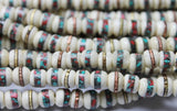10mm Tibetan White Bone Mala Prayer Beads with Turquoise & Coral Inlays- Tibetan White Bone Mala Beads - PB12