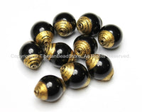 10 BEADS - Tibetan Black Onyx Beads with Brass Caps - Ethnic Nepal Tibetan Artisan Handmade Beads - B1808-10