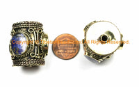 2 BEADS - LARGE Tibetan Brass Barrel Shape Tube Beads with 3-sided Lapis Inlays - Big Ethnic Handmade Nepal Tibetan Focal Bead - B3106-2