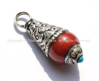 Tibetan Red Jade Charm Pendant with Repousse Tibetan Silver Caps and Turquoise Accent - Boho Ethnic Charms - WM3906-1