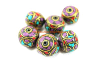 1 BEAD Thick Tibetan Floral Beads with Purple Howlite, Turquoise, Coral Inlays Roundelle Rondelle - Ethnic Nepal Tibetan Beads - B3341-1