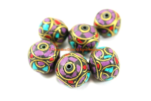 2 BEADS Thick Tibetan Floral Beads with Purple Howlite, Turquoise, Coral Inlays Roundelle Rondelle - Ethnic Nepal Tibetan Beads - B3341-2
