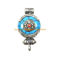 Small Ethnic Tibetan Blue Resin Ghau Amulet Charm Pendant with Tibetan Silver Caps, Repousse Auspicious Conch & Coral Inlay Accent - WM7959