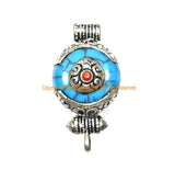 Small Ethnic Tibetan Blue Resin Ghau Amulet Charm Pendant with Tibetan Silver Caps, Repousse Auspicious Conch & Coral Inlay Accent - WM7959