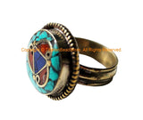 Beautiful Handmade Tibetan Statement Ring with Turquoise, Lapis & Coral Inlays - Ethnic Chunky Inlay Ring - R346