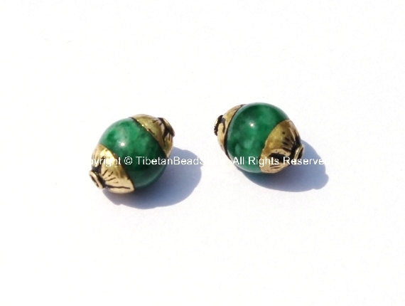 2 BEADS - Small Tibetan Green Jade Beads with Brass Caps - B2488-2