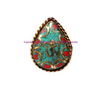Handmade Tibetan OM Mantra Tibetan Ring with Turquoise, Coral Inlays - Ethnic Ring Boho Ring Nepal Ring Statement Ring- R320
