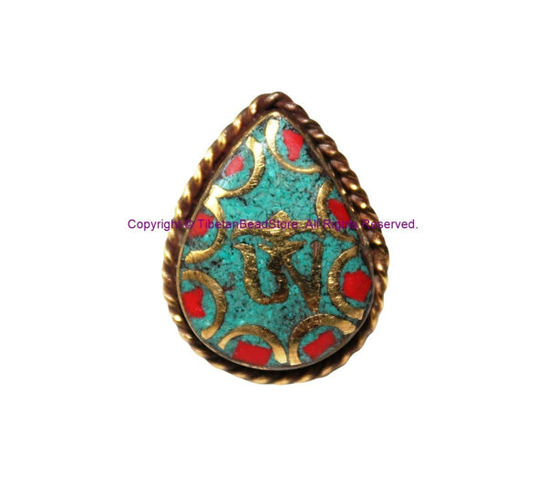 Handmade Tibetan OM Mantra Tibetan Ring with Turquoise, Coral Inlays - Ethnic Ring Boho Ring Nepal Ring Statement Ring- R320
