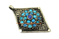 Ethnic Filigree Diamond Kite-shape Nepal Tibetan Pendant with Turquoise, Lapis Bead Inlays - Ethnic Handmade Jewelry - WM7709