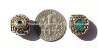 2 beads - Tibetan Studded Cube Box Beads with Brass, Tibetan Silver, Turquoise & Coral Inlays - Ethnic Nepal Tibet Tribal Beads - B1945-2