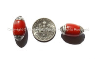 2 BEADS Tibetan Red Resin Coral Beads with Tibetan Silver Caps - Ethnic Nepal Tibetan Beads - Ethnic Sherpa Coral Resin Beads- B995-2