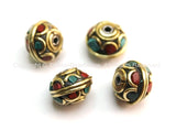 4 beads - Tibetan Floral Beads with Brass, Turquoise & Copal Coral Inlays - Tibetan Beads - Nepalese Beads - Ethnic Beads - B1598-4